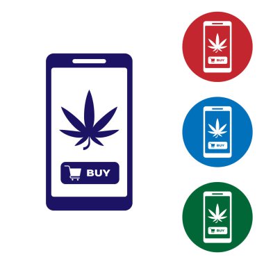Mavi Cep telefonu ve tıbbi esrar veya esrar yaprak simgesi beyaz arka plan üzerinde izole. Online satın alma sembolü. Süpermarket sepeti. Renk simgelerini daire düğmelerinde ayarlayın. Vektör İllüstrasyonu