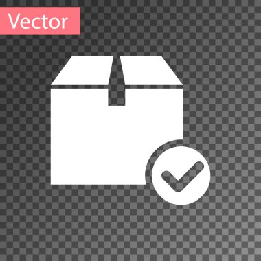 Saydam arka planda yalıtılmış onay işareti simgesine sahip Beyaz Paket kutusu. Onay damgalı paket kutusu. Onaylı teslimat veya başarılı paket makbuzu. Vektör İllüstrasyonu
