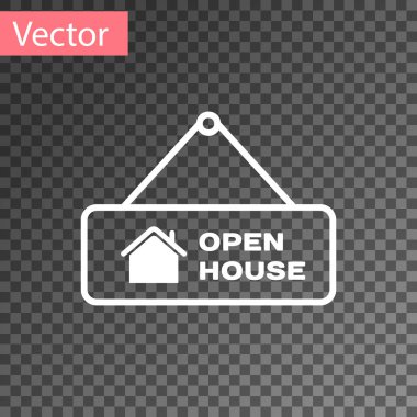 Metin ile Beyaz Asma işareti Saydam arka planda yalıtılmış ev simgesi açık. Metin Açık ev ile tabela. Vektör İllüstrasyonu