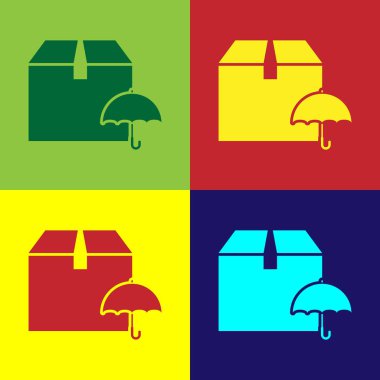 Renk arka planda izole şemsiye simgesi simgeli Renk Teslim paketi. Şemsiye tabelalı paket karton kutu. Lojistik ve teslimat. Vektör İllüstrasyonu