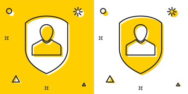 Siyah Kullanıcı koruma simgesi sarı ve beyaz arka planda yalıtılmış. Güvenli kullanıcı girişi, parola korumalı, kişisel verilerin korunması, kimlik doğrulama simgesi. Rastgele dinamik şekiller. Vektör İllüstrasyonu