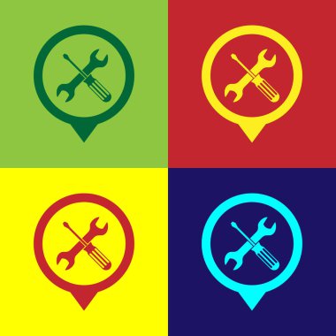 Renkli konumu ile çapraz tornavida ve anahtar araçları simgesi renk arka planda izole. İşaretçi ayarları sembolü. Vektör Illustration