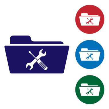 Beyaz arka planda izole tornavida ve anahtar simgesi ile mavi klasör. Ayarlama, hizmet, ayarlama, bakım, onarım, sabitleme. Daire düğmelerinde renk simgesini ayarlayın. Vektör Illustration