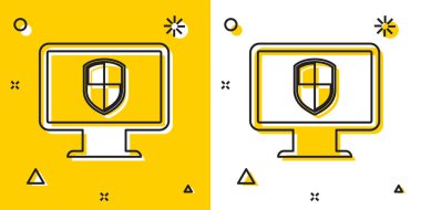 Siyah Monitör ve kalkan simgesi sarı ve beyaz arka planda izole edilmiştir. Bilgisayar güvenliği, güvenlik duvarı teknolojisi, internet gizlilik güvenliği veya virüsten koruma. Rastgele dinamik şekiller. Vektör İllüstrasyonu