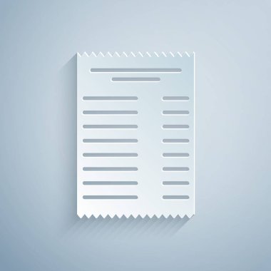 Kağıt kesiği çek ve mali kontrol simgesi gri arka planda izole edildi. Kağıt baskı çeki, makbuz ya da fatura. Kağıt sanatı tarzı. Vektör İllüstrasyonu