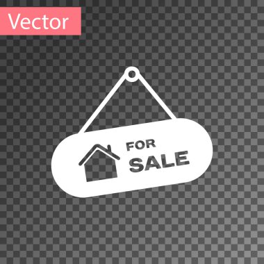 Saydam arka planda yalıtılmış Satılık simgesini içeren beyaz asma işareti. Satılık metin li tabela. Vektör İllüstrasyonu