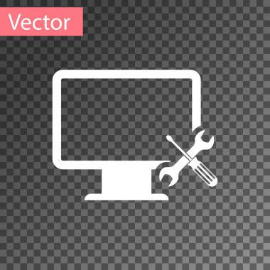 Şeffaf arka planda yalıtılmış tornavida ve anahtar simgesi ile beyaz bilgisayar monitörü. Ayarlama, hizmet, ayarlama, bakım, onarım, sabitleme. Vektör Illustration