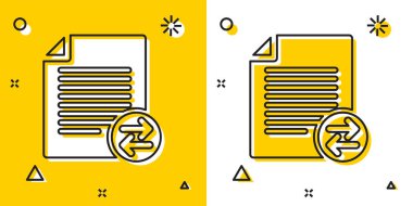 Siyah Aktarım dosyaları simgesi sarı ve beyaz arka planda yalıtılmış. Dosyaları kopyalayın, veri alışverişi, yedekleme, Bilgisayar geçişi, dosya paylaşımı kavramları. Rastgele dinamik şekiller. Vektör İllüstrasyonu