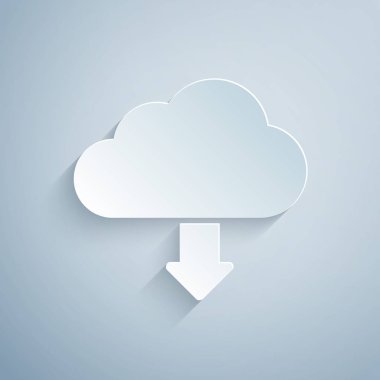 Kağıt kesme Bulut indirme simgesi gri arka planda yalıtılmış. Kağıt sanat tarzı. Vektör İllüstrasyonu