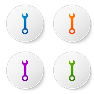 Beyaz arka planda izole renkli anahtar simgesi. Anahtar tamir aracı. Servis aracı sembolü. Daire düğmelerinde simgeleri ayarlayın. Vektör Illustration