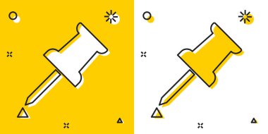 Sarı ve beyaz arka planda yalıtılmış Siyah Push pin simgesi. Raptiyeler işareti. Rastgele dinamik şekiller. Vektör İllüstrasyonu