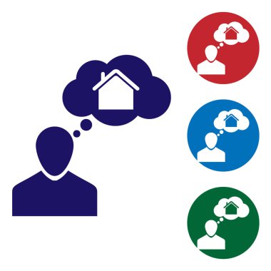 Mavi Adam beyaz arka plan üzerinde izole yeni bir ev simgesi satın alma hakkında hayal. Renk simgelerini daire düğmelerinde ayarlayın. Vektör İllüstrasyonu