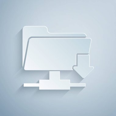 Kağıt kesme Ftp klasörü indirme simgesi gri arka plan üzerinde yalıtılmış. Yazılım güncelleştirme, transfer protokolü, yönlendirici, takım çalışması araç yönetimi, kopyalama işlemi. Kağıt sanat tarzı. Vektör İllüstrasyonu