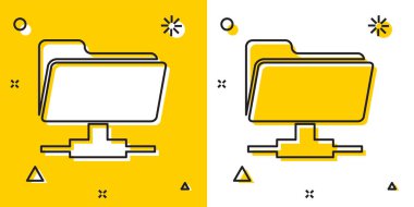 Siyah Ftp klasör simgesi sarı ve beyaz arka planda yalıtılmış. Yazılım güncellemesi, transfer protokolü, yönlendirici, takım çalışması araç yönetimi, kopyalama işlemi, bilgi. Rastgele dinamik şekiller. Vektör İllüstrasyonu