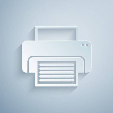 Kağıt kesiği Yazıcı simgesi gri arkaplanda izole edildi. Kağıt sanatı tarzı. Vektör İllüstrasyonu