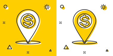 Siyah Nakit konum pin simgesi sarı ve beyaz arka planda yalıtılmış. İşaretçi ve dolar sembolü. Para konum simgesi. İş ve yatırım konsepti. Rastgele dinamik şekiller. Vektör İllüstrasyonu