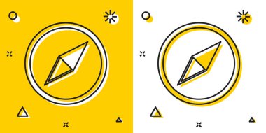 Siyah Rüzgar gül ikonu sarı ve beyaz arkaplanda izole edildi. Seyahat için pusula simgesi. Navigasyon tasarımı. Rastgele dinamik şekiller. Vektör İllüstrasyonu