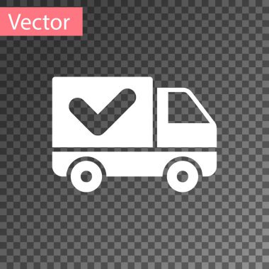 Saydam arka planda yalıtılmış onay işareti simgesine sahip Beyaz Teslimat kamyonu. Vektör İllüstrasyonu