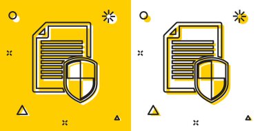 Siyah Belge koruma kavramı simgesi sarı ve beyaz arka planda yalıtılmış. Gizli bilgi ve gizlilik fikri, güvenli, korumalı, kalkan. Rastgele dinamik şekiller. Vektör İllüstrasyonu