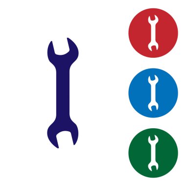 Mavi anahtar simgesi beyaz arka planda yalıtılmış. Anahtar tamir aracı. Servis aracı sembolü. Daire düğmelerinde renk simgesini ayarlayın. Vektör Illustration