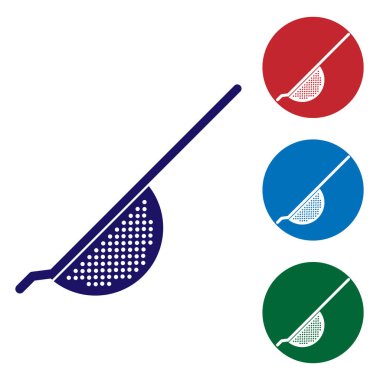 Mavi Mutfak kevgir simgesi beyaz arka plan üzerinde izole. Pişirme aleti. Çatal bıçak takımı işareti. Renk simgesini daire düğmelerinde ayarlayın. Vektör İllüstrasyonu