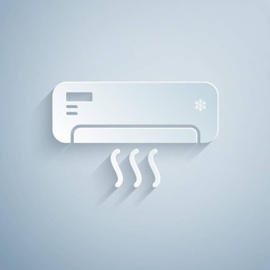 Kağıt kesilmiş Gri arka plan üzerinde izole temiz hava simgesi ile Klima. Split sistem klima. Serin ve soğuk iklim kontrol sistemi. Kağıt sanat tarzı. Vektör İllüstrasyonu