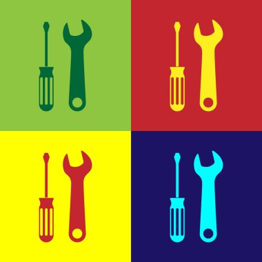 Renk arka plan üzerinde izole renkli tornavida ve anahtar araçları simgesi. Servis aracı sembolü. Vektör Illustration