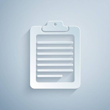 Gri arka planda yalıtılmış belge simgesi olan kağıt kesme Panosu. Kağıt sanat tarzı. Vektör İllüstrasyonu