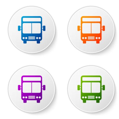 Beyaz arka planda yalıtılmış renk veri yolu simgesi. Ulaşım konsepti. Otobüs turu taşıma işareti. Turizm veya kamu araç sembolü. Daire düğmelerinde simgeleri ayarlayın. Vektör Illustration