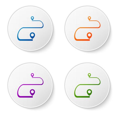 Beyaz arka planda yalıtılmış renk rota konumu simgesi. Harita işaretçisi işareti. Yol veya yol kavramı. GPS navigasyon cihazı. Daire düğmelerinde simgeleri ayarlayın. Vektör Illustration