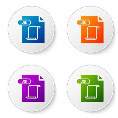 Renkli Js dosya belgesi. Beyaz arka planda yalıtılmış js düğme simgesini indirin. Js dosya sembolü. Simgeleri daire düğmelerine ayarlayın. Vektör İllüstrasyonu