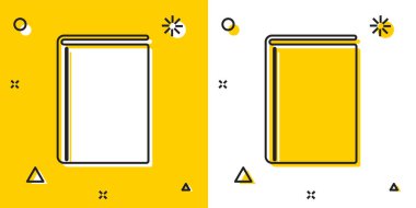 Siyah Kitap simgesi sarı ve beyaz arka planda yalıtılmış. Rastgele dinamik şekiller. Vektör İllüstrasyonu