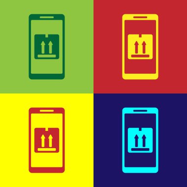 Renk arka planda yalıtılmış uygulama teslim izleme simgesi ile Color Mobile akıllı telefon. Parsel takibi. Vektör İllüstrasyonu