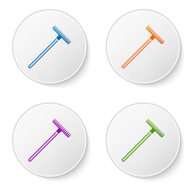 Beyaz arka planda yalıtılmış Color Garden tırmık simgesi. Bahçecilik, tarım, tarım için bir araç. Yer kültivatör. Temizlik ekipmanları. Simgeleri daire düğmelerine ayarlayın. Vektör İllüstrasyonu