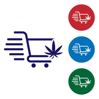 Beyaz arka plan üzerinde izole esrar veya esrar yaprağı simgesi ile Mavi Alışveriş sepeti. Online satın alma. Teslimat hizmeti. Süpermarket sepeti. Renk simgelerini daire düğmelerinde ayarlayın. Vektör İllüstrasyonu