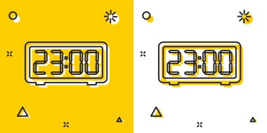 Sarı ve beyaz arkaplanda siyah dijital alarm saat simgesi izole. Elektronik çalar saat. Zaman simgesi. Rastgele dinamik şekiller. Vektör İllüstrasyonu