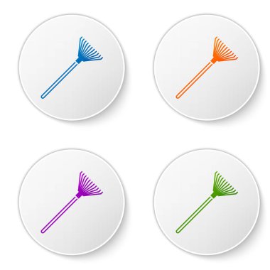 Beyaz arka plan üzerinde izole yaprakları simgesi için Renk Bahçesi tırmık. Bahçecilik, tarım, tarım için bir araç. Yer kültivatör. Simgeleri daire düğmelerine ayarlayın. Vektör İllüstrasyonu