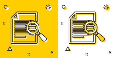 Sarı ve beyaz arkaplanda arama simgesine sahip Siyah Belge. Dosya ve büyüteç simgesi. Analitik araştırma işareti. Rastgele dinamik şekiller. Vektör İllüstrasyonu