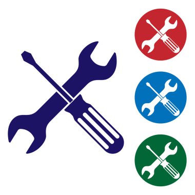 Mavi çapraz tornavida ve beyaz arka planda izole anahtar araçları simgesi. Servis aracı sembolü. Daire düğmelerinde renk simgesini ayarlayın. Vektör Illustration