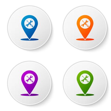 Renkli konumu ile çapraz tornavida ve anahtar araçları simgesi beyaz arka planda izole. İşaretçi ayarları sembolü. Daire düğmelerinde simgeleri ayarlayın. Vektör Illustration