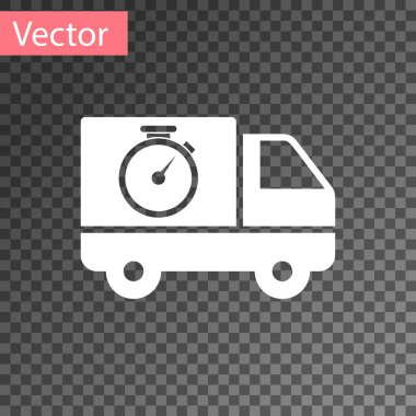 Beyaz Lojistik teslimat kamyonu ve kronometre simgesi şeffaf arka plan üzerinde izole. Teslim süresi simgesi. Vektör İllüstrasyonu