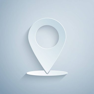 Kağıt kesme Harita pin simgesi gri arka plan üzerinde izole. Navigasyon, işaretçi, yer, harita, gps, yön, yer, pusula, iletişim, arama konsepti. Kağıt sanat tarzı. Vektör İllüstrasyonu