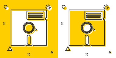 5,25 inç simgesinde siyah Disket diski sarı ve beyaz arka planda izole. Bilgisayar veri depolama için disket. Disket işareti. Rastgele dinamik şekiller. Vektör İllüstrasyonu