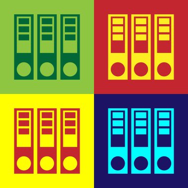 Renk arka plan üzerinde izole kağıtlar ve belgeler simgesi ile renkli Office klasörleri. Ofis bağlayıcıları. Arşiv klasör işareti. Vektör Illustration