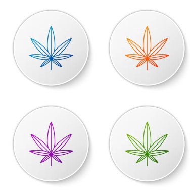 Renkli tıbbi marihuana ya da kenevir yaprağı ikonu beyaz arka planda izole edilmiş. Kenevir sembolü. Simgeleri daire düğmelerine ayır. Vektör İllüstrasyonu