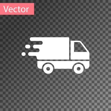 Saydam arka planda izole hareket simgesinde Beyaz Teslimat kamyon. Hızlı nakliye teslimat kamyonu. Vektör İllüstrasyonu