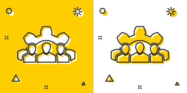 Siyah Proje takım taban simgesi sarı ve beyaz arka planda yalıtılmış. İş analizi ve planlaması, danışmanlık, ekip çalışması, proje yönetimi. Rastgele dinamik şekiller. Vektör İllüstrasyonu