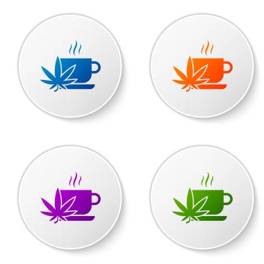 Beyaz arka plan üzerinde izole esrar veya esrar yaprağı simgesi ile Renk Kupası çay. Marihuana yasallaştırma. Kenevir sembolü. Simgeleri daire düğmelerine ayarlayın. Vektör İllüstrasyonu
