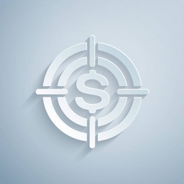 Kağıt gri arka plan üzerinde izole dolar sembolü simgesi ile Hedef kesti. Yatırım hedef simgesi. Başarılı iş konsepti. Nakit veya Para işareti. Kağıt sanat tarzı. Vektör İllüstrasyonu