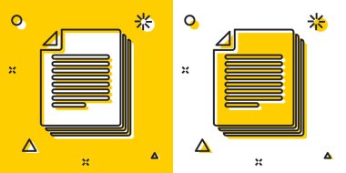 Siyah Belge simgesi sarı ve beyaz arka planda yalıtılmış. Dosya simgesi. Denetim listesi simgesi. İş konsepti. Rastgele dinamik şekiller. Vektör İllüstrasyonu